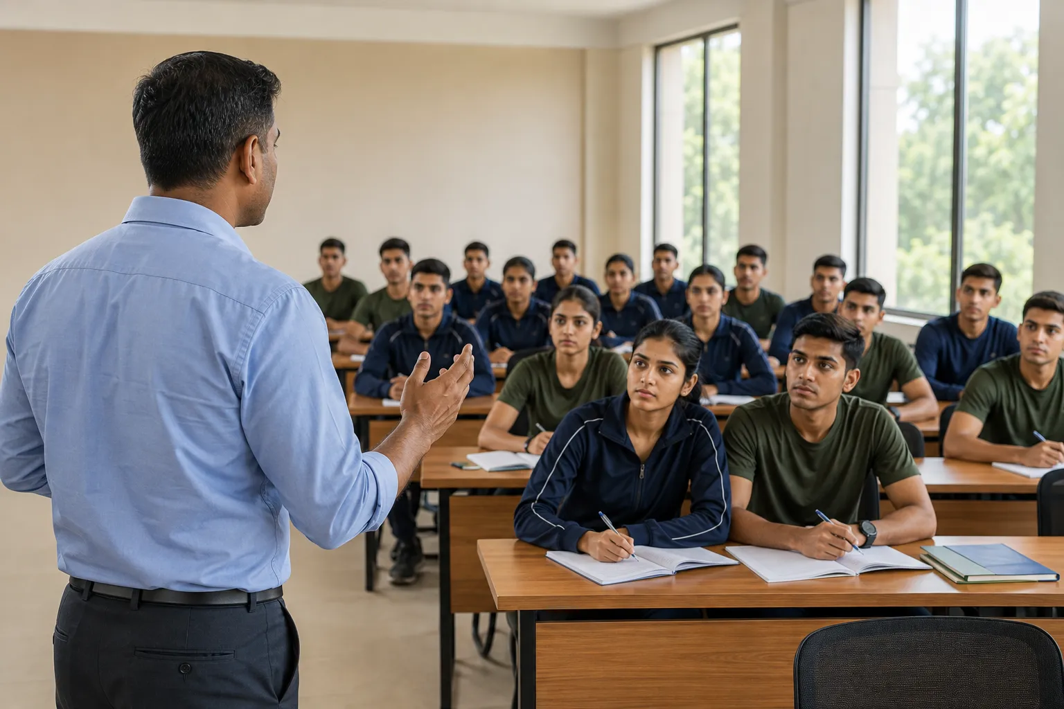 Rear view of mature teacher talking to his student during lecture at university classroom.