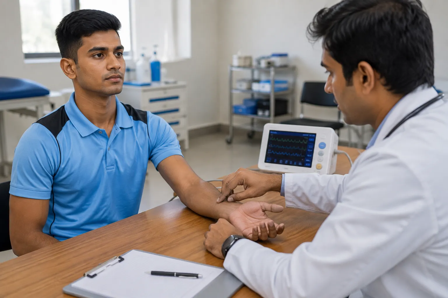 Doctor examines the patient's pulse with stethoscope and records the results, health medical checkup