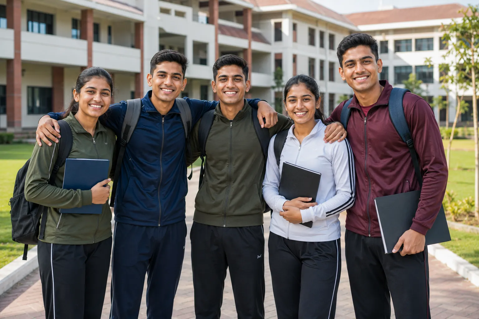 Group of happy international students posing outdoors near university building