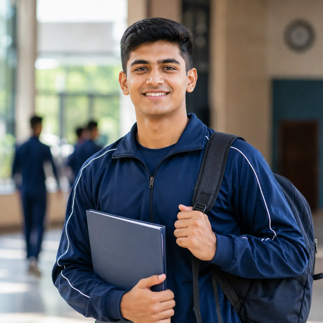 Portrait Of Smiling Male College Student In Busy Communal Campus Building