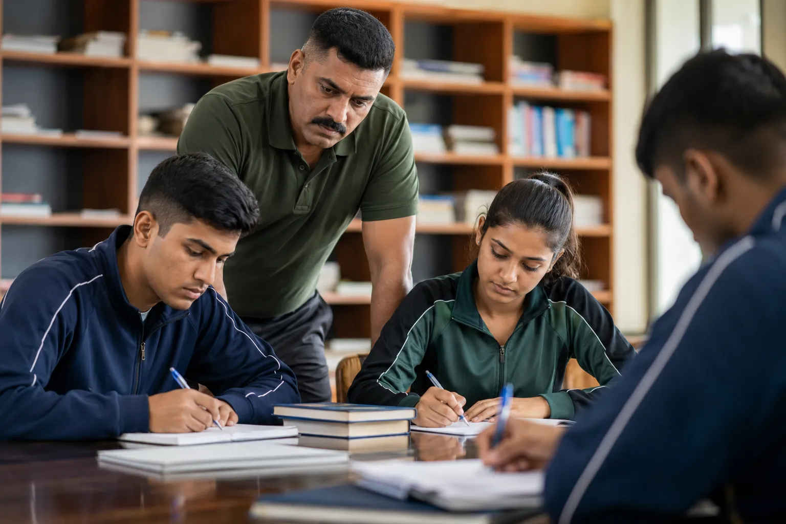 University students studying with teacher